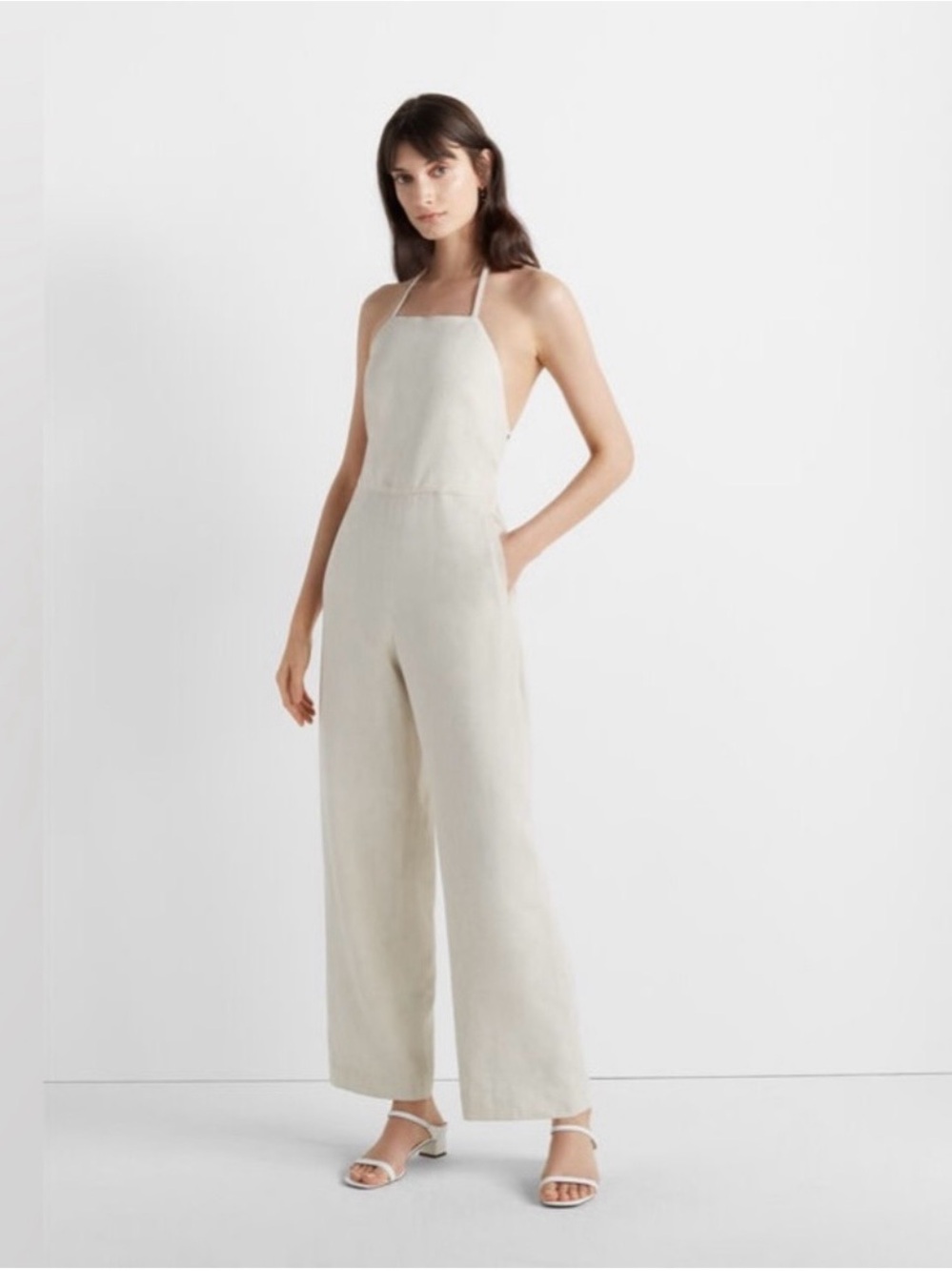 Club Monaco Women’s Backless Halter Jumpsuit Linen Blend Wide Leg Size 00
